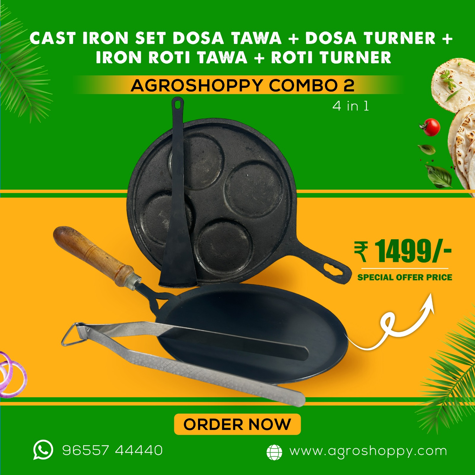 Cast Iron Combo 2 (CI 11 inch set Dosa Tawa + 11  Inch Roti Tawa with Matching Turners)