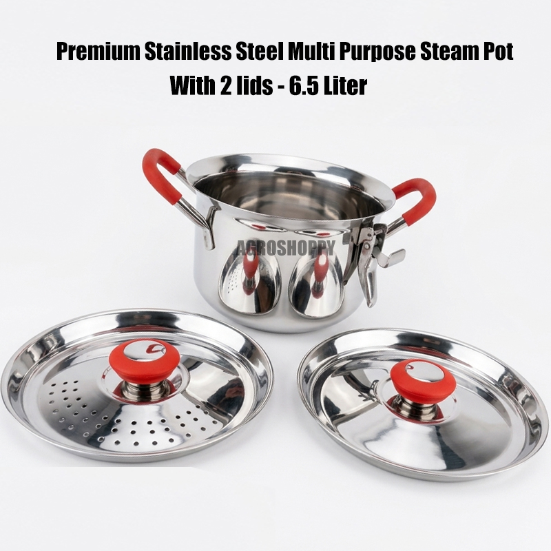 Premium Stainless Steel Multi Purpose Steam Pot with 2 lids - 6.5 Liter