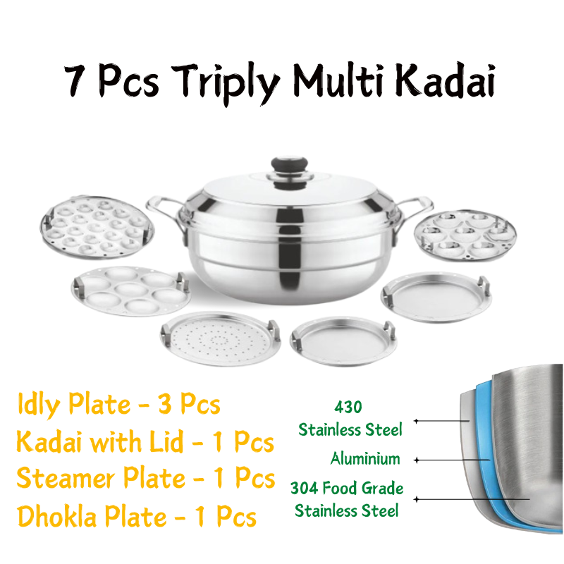 Triply Stainless Steel Multi Kadai - 7 Pcs  | Induction Friendly - Agroshoppy