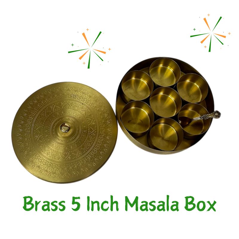 Brass 5 Inch Masala Box | Brass Embossed Glass | Brass Pooja Plate - FSO7