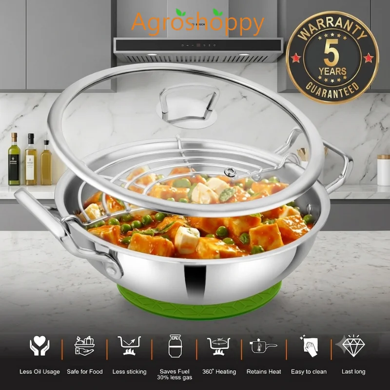 Triply Kadai 24 CM with Glass Lid and Oil Dispenser
