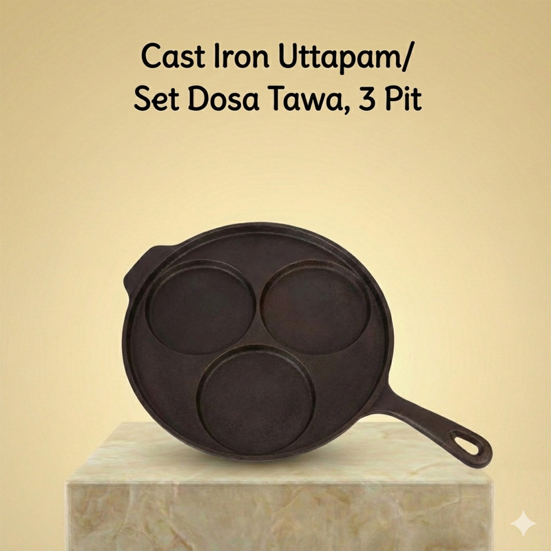 Cast Iron Uttapam/ Set Dosa Tawa, 3 Pit