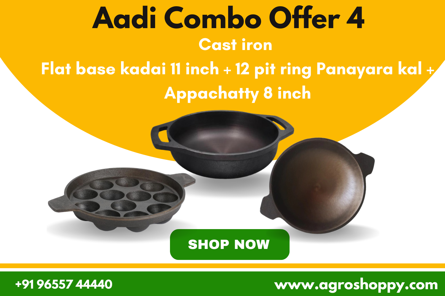 Cast Iron Flat Base Kadai 10 Inch + 12 pit ring panayara kal + polished appachatty 8.5 inch