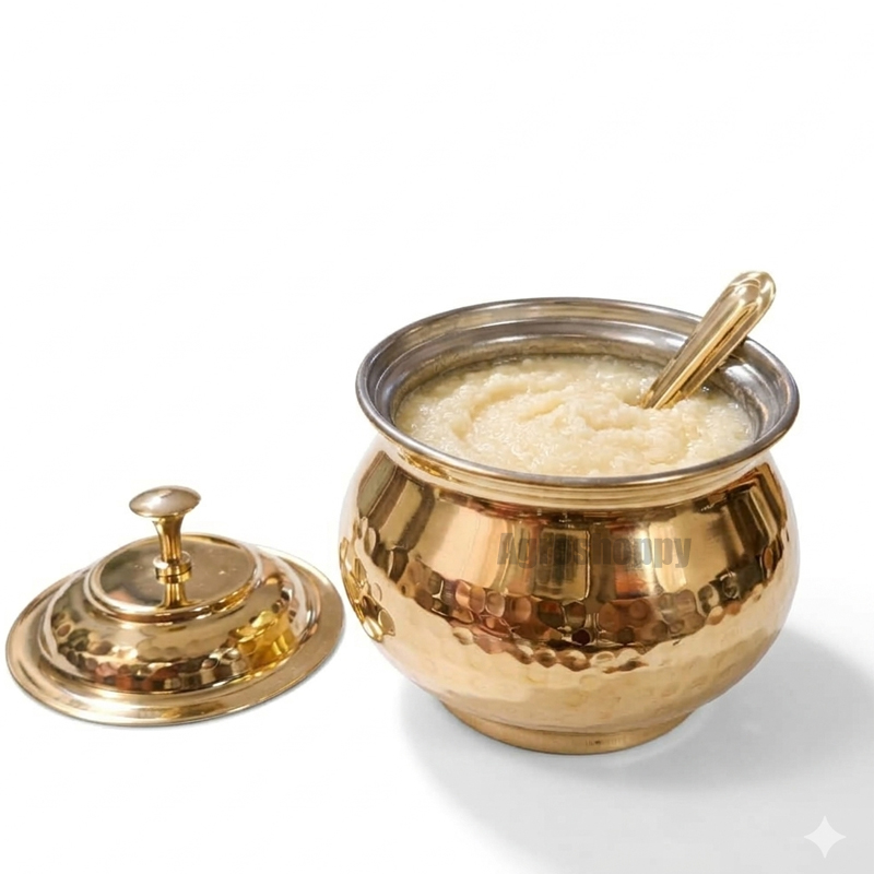 Handcrafted Brass Ghee Pot(400 ML) with Lid & Spoon | Kalai Coated