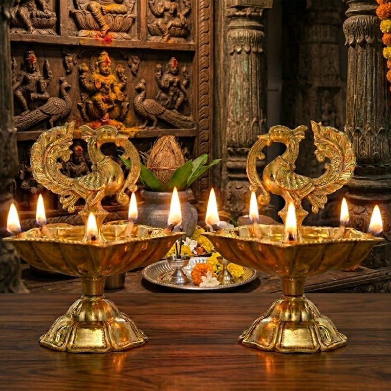 Annapakshi Brass Diya 5 Wicks - 2 Pcs Set